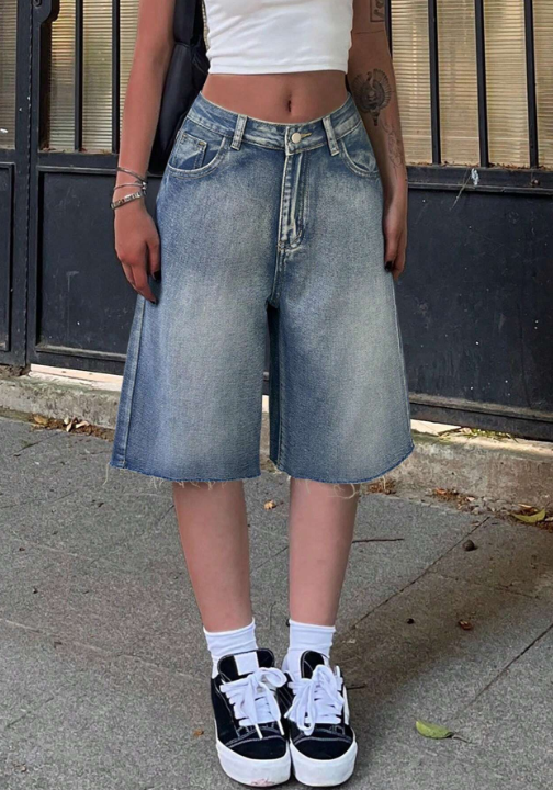 Y2K VINTAGE SLANT POCKET FRINGE DENIM JORTS