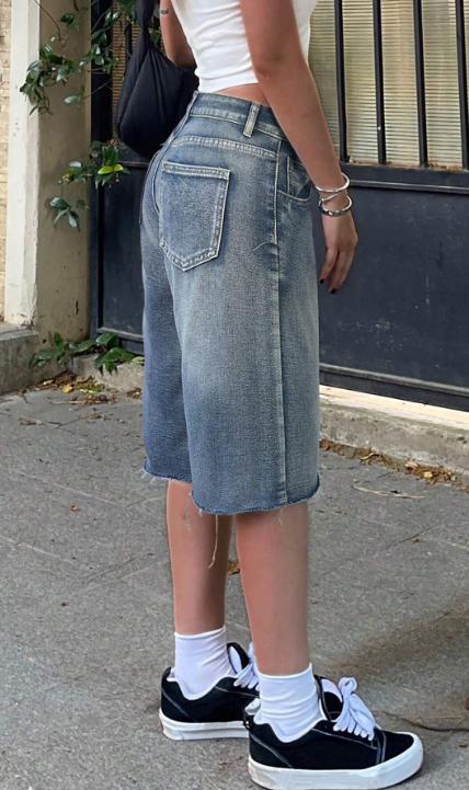 Y2K VINTAGE SLANT POCKET FRINGE DENIM JORTS